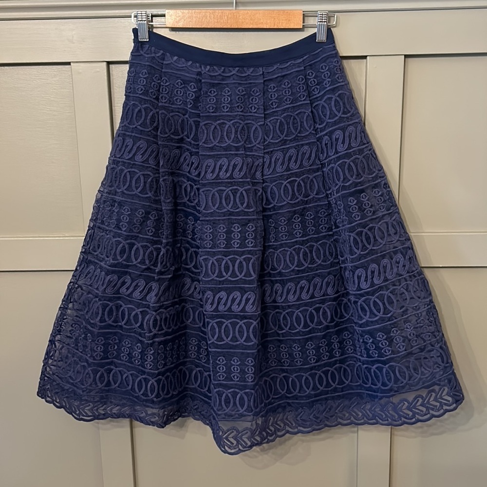 Anthropologie Champagne & Strawberry Navy Lace A-Line Midi Skirt Size Small